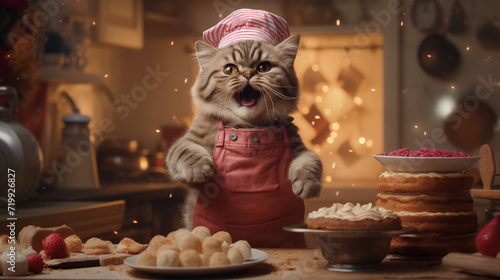 Realistic Photograph of a Cat Baking in the Kitchen. Generative AI.