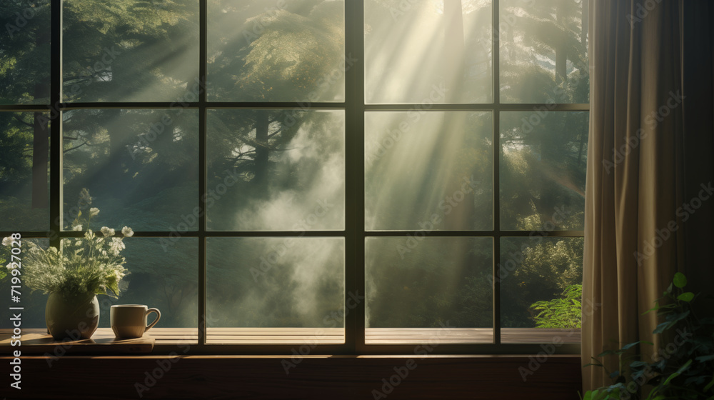 Naklejka premium Morning Tranquility with Soft Sunlight Streaming Through the Window. Generative AI.