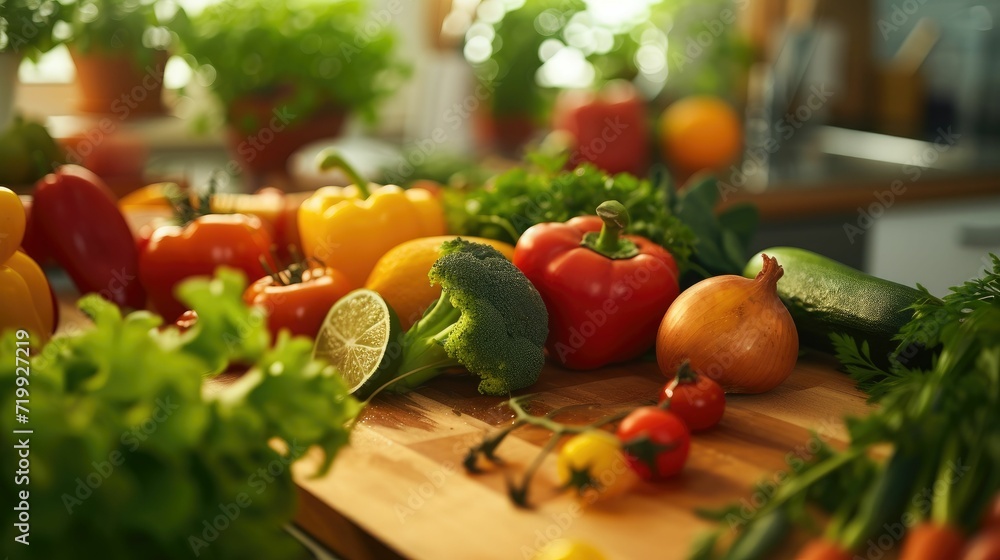 A close-up photo of a variety of organic vegetables and fruits on a wooden chopping board, ready for a healthy meal preparation Kitchen background, focus on freshness and health A close-up photo of a variety of organic vegetables and fruits on a wooden chopping board, ready for a healthy meal preparation Kitchen background, focus on freshness and health