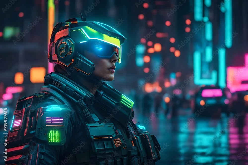 Cyberpunk soldier, neon highlights and neon contour. Cyberpunk soldier city patrol, illustration of science fiction military robot. Concept art, Digital painting Cyberpunk soldier, neon highlights and neon contour. Cyberpunk soldier city patrol, illustration of science fiction military robot. Concept art, Digital painting