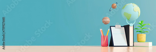 Educational Desk with Globe and School Supplies Against Blue Background with Copy Space photo