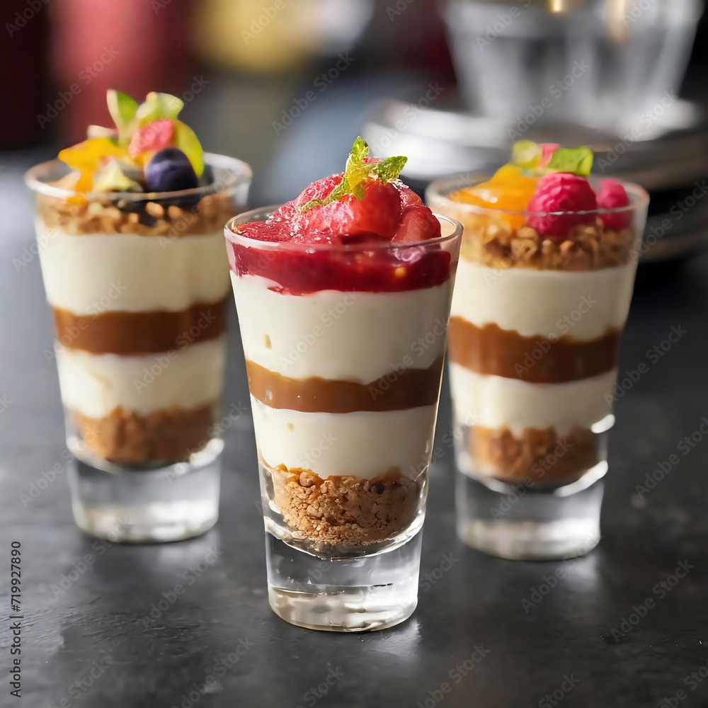 three mini parfaits in small glasses for catering on restaurant counter three mini parfaits in small glasses for catering on restaurant counter