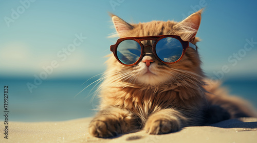 Sunbathing Cat by the Seaside with Stylish Sunglasses. Generative AI.