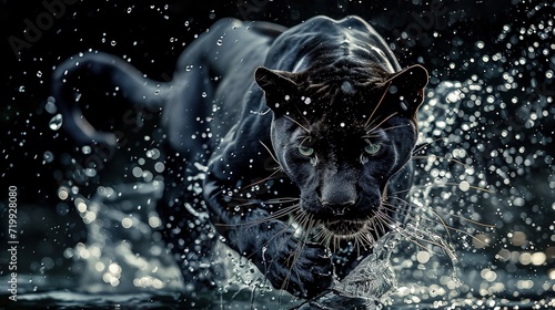 High speed black panther running through water.
