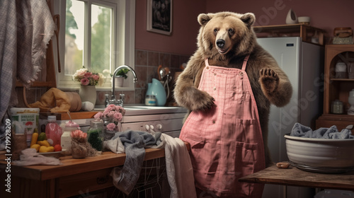 Bear in Domestic Bliss - A Genuine Snapshot of a Bear Embracing the Homemaker Role. Generative AI.