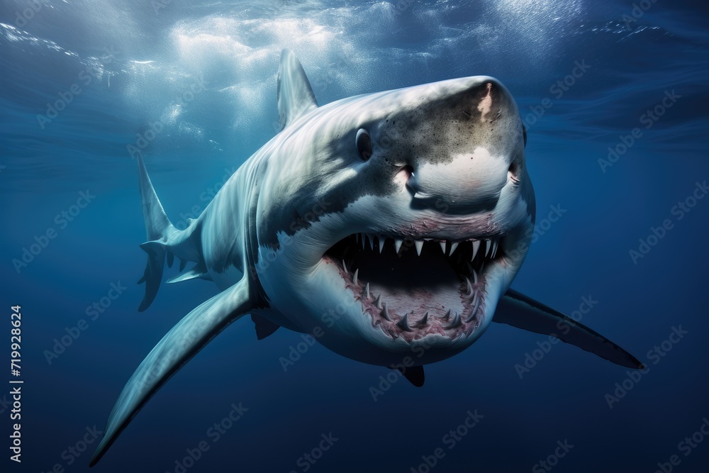 Naklejka premium Great white shark, Great White Shark in blue ocean. Underwater photography, shark in the sea, Great White Shark in blue ocean, Great white shark, Great White Shark in blue ocean. Underwat Ai generated