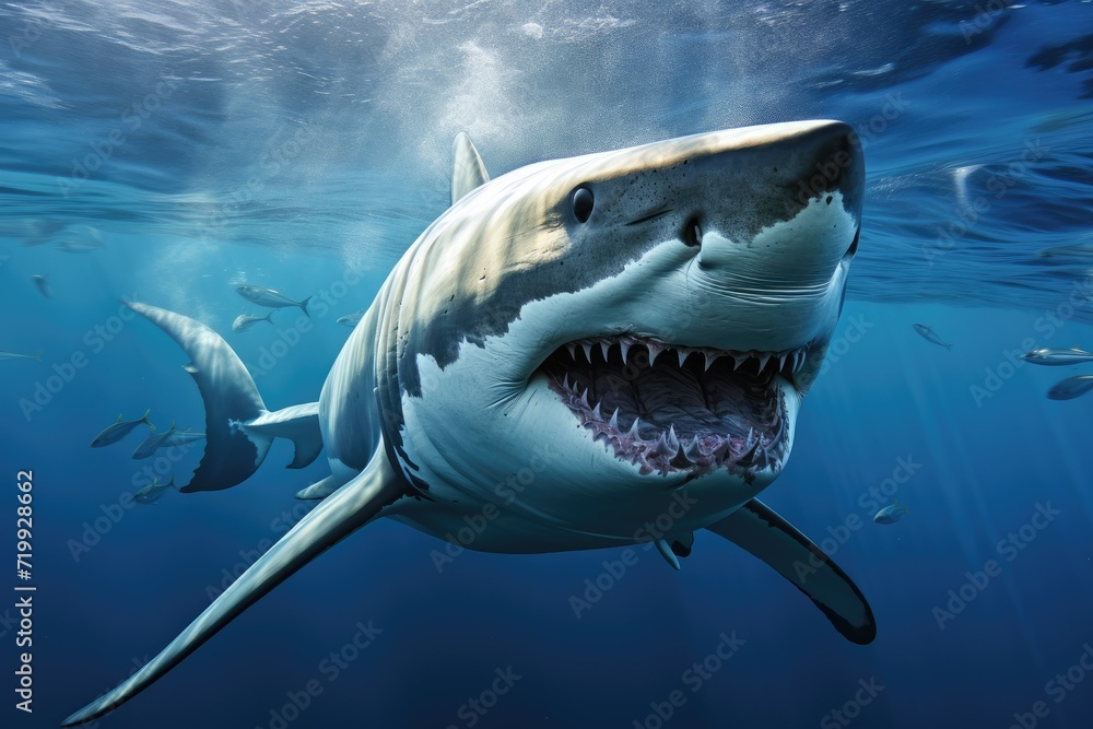 Fototapeta premium Great white shark, Great White Shark in blue ocean. Underwater photography, shark in the sea, Great White Shark in blue ocean, Great white shark, Great White Shark in blue ocean. Underwat Ai generated