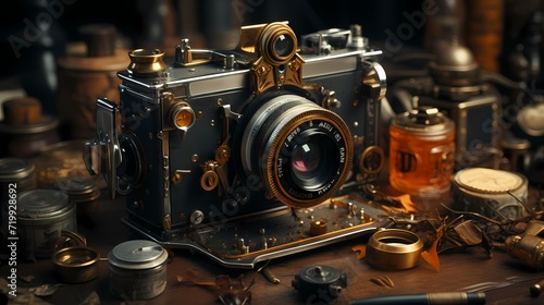 A close-up of a vintage camera on a photographer's desk with film rolls