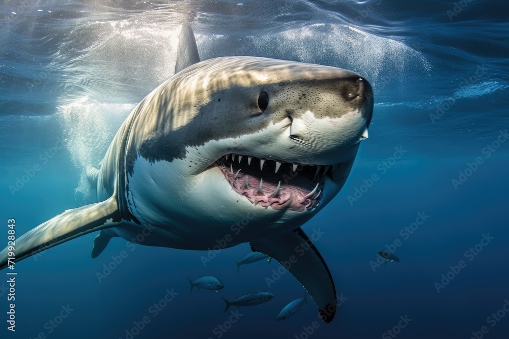 Obraz premium Great white shark, Great White Shark in blue ocean. Underwater photography, shark in the sea, Great White Shark in blue ocean, Great white shark, Great White Shark in blue ocean. Underwat Ai generated