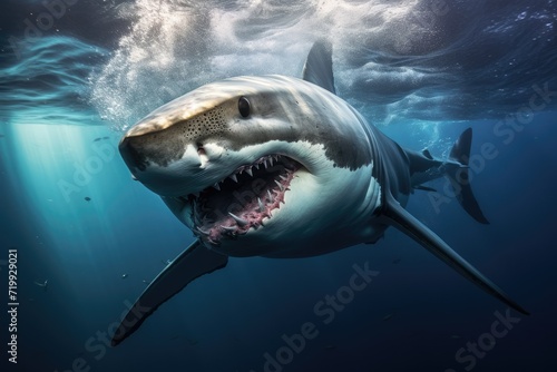 shark in the sea, Great White Shark in blue ocean, Great white shark, Great White Shark in blue ocean. Underwater photography Ai generated © Tanu