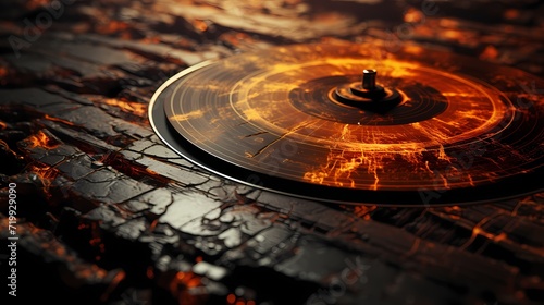 A close-up of a vintage vinyl record, highlighting the grooves and texture of the analog medium
