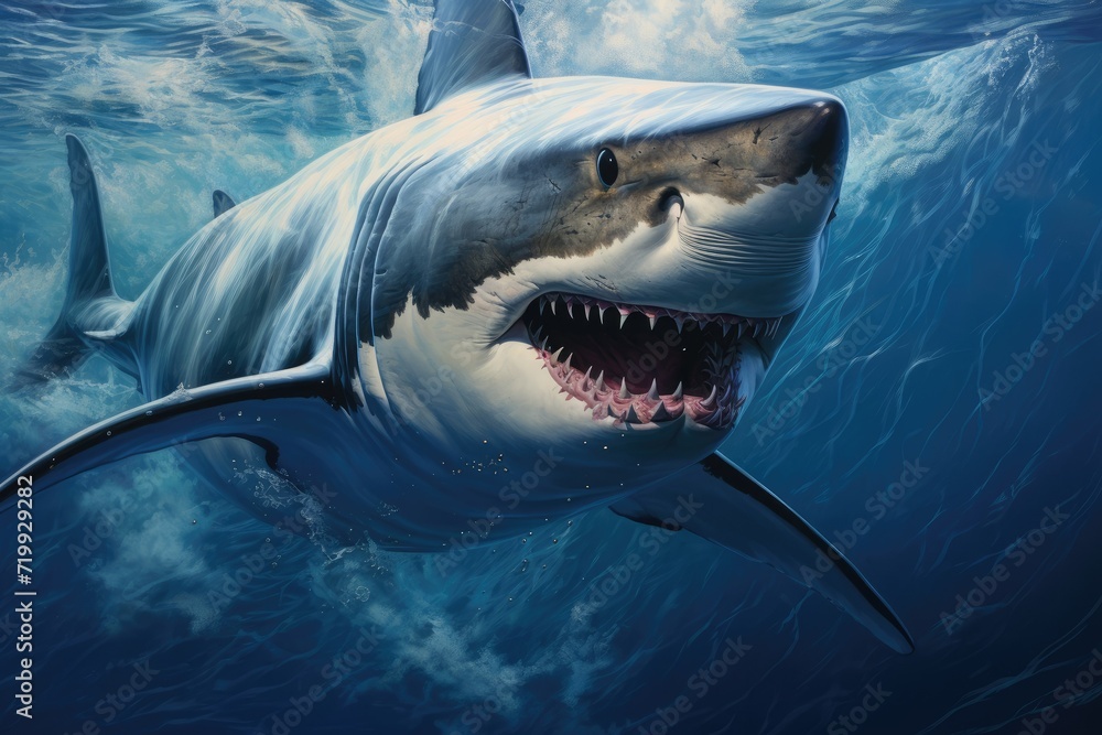 Naklejka premium Great white shark, Great White Shark in blue ocean. Underwater photography Ai generated