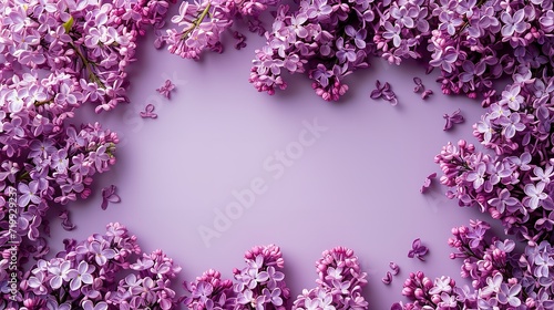 Top view of lilac blooms surrounding a clean background, spring's enchantment with a big copy space inside it, Generative AI.