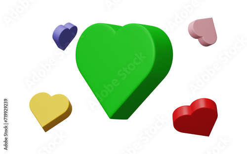 Collection heart shape colors isolated on transparent background. 3d render.