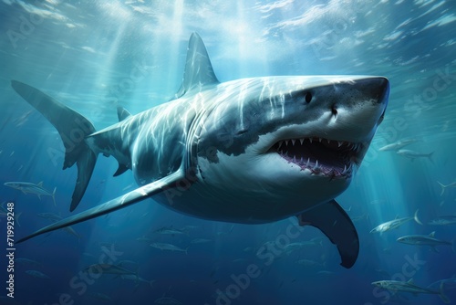 Great white shark  Great White Shark in blue ocean. Underwater photography Ai generated