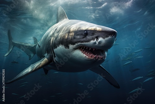 Great white shark  Great White Shark in blue ocean. Underwater photography Ai generated