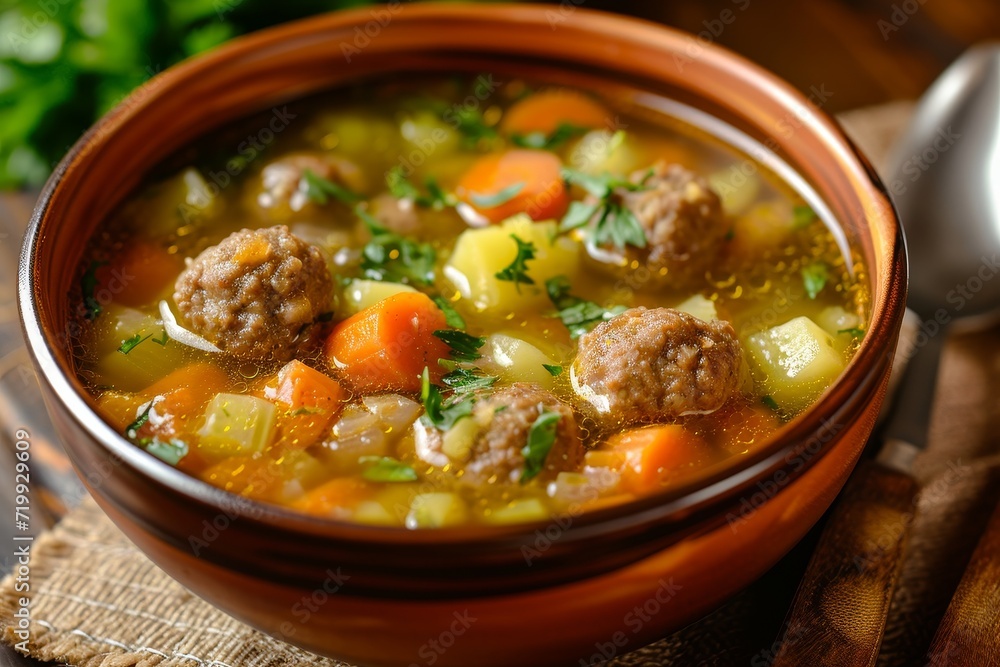 Vegetable soup with meatballs.