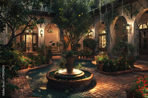 Courtyard with spotlights, the old city at night. photo