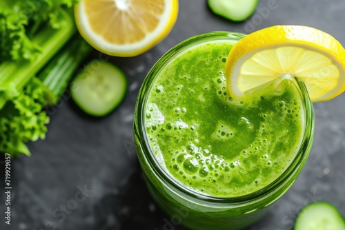 Green smoothie with celery, cucumber and lemon.