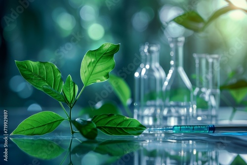 Biotechnology concept with green plant leaves, laboratory glassware, and conducting research