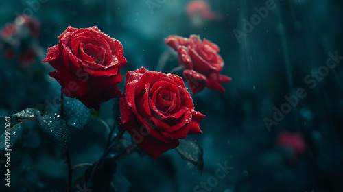 Vivid close-up shot of a blooming vibrant red rose  exuding intense warmth in a chilling and eerie theme. Generative AI.