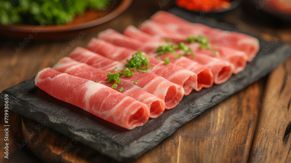 A genuine photograph of a succulent slice of beef for shabu-shabu, captured with vivid details and vibrant colors. Generative AI.
