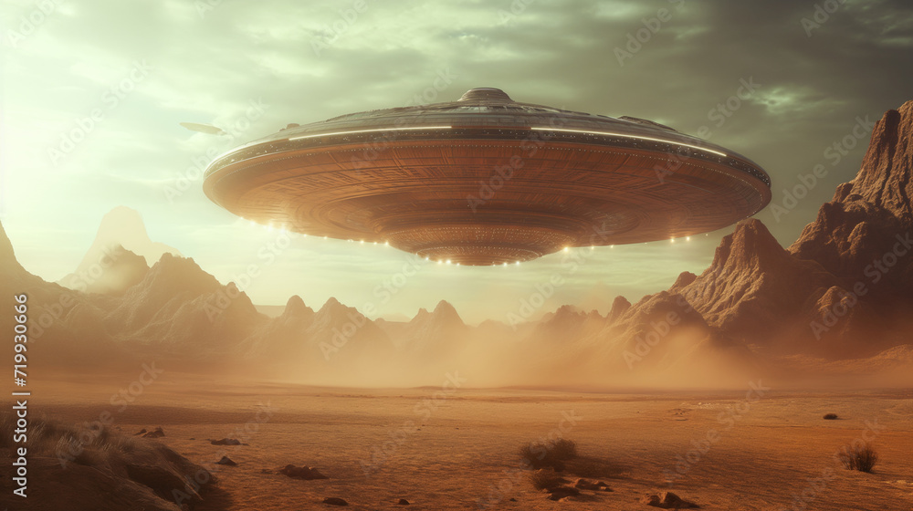 Unidentified Flying Object Hovering in the Sky. Generative AI. Unidentified Flying Object Hovering in the Sky. Generative AI.