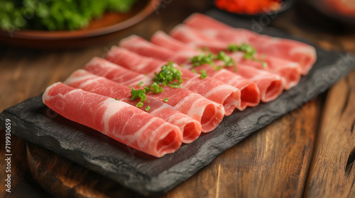 A genuine photograph of a succulent slice of beef for shabu-shabu, captured with vivid details and vibrant colors. Generative AI.