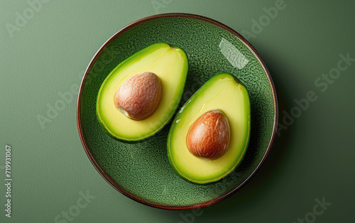 Avocado on a plate , solid color background photo