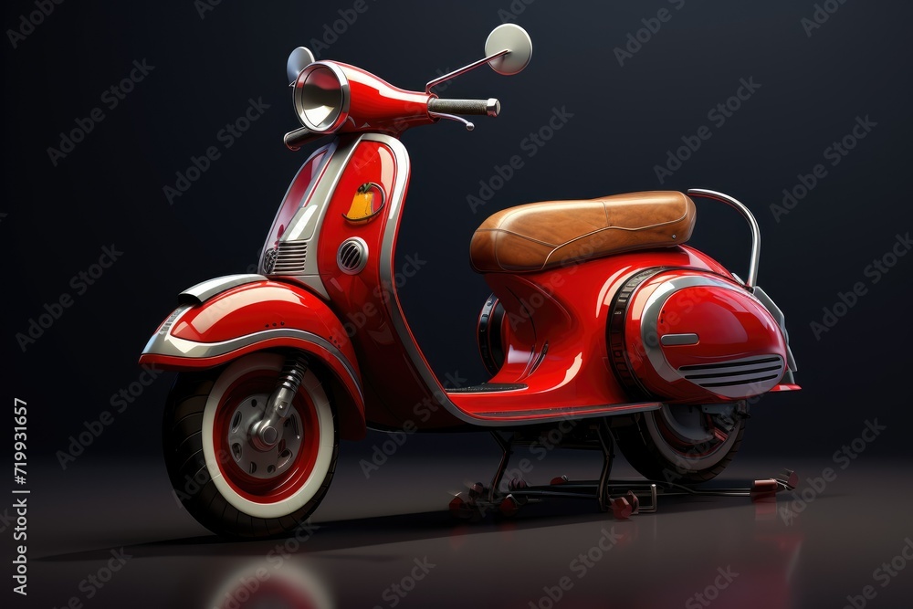 Modern Motor scooter, 3D Rendering of modern motor scooter isolated on dark background. Front side view of light . AI generated