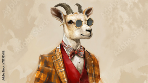 Elegant Goat in Watercolor Attire and Spectacles. Generative AI.