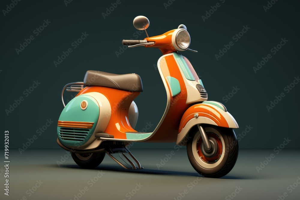 Modern Motor scooter, 3D Rendering of modern motor scooter isolated on dark background. Front side view of light . AI generated