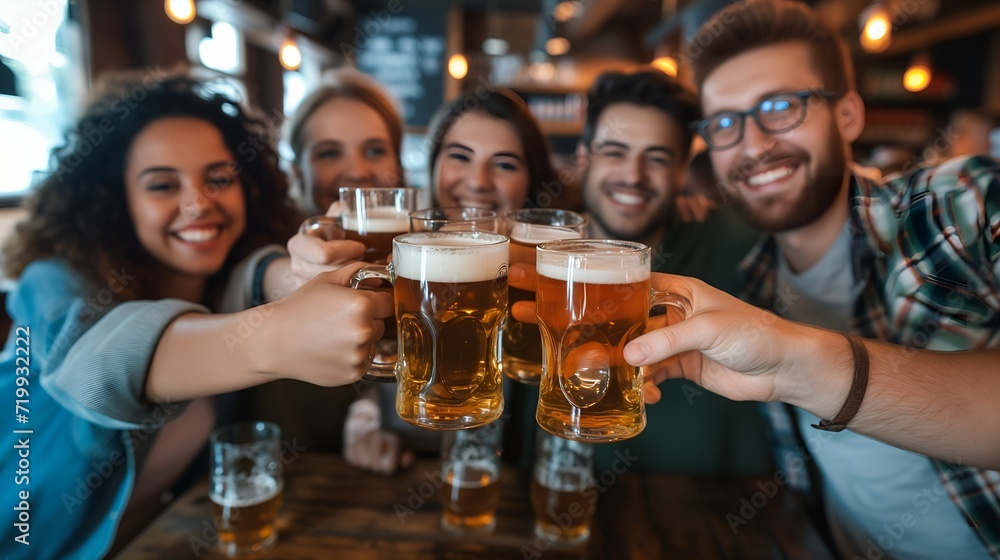 friends clinking glasses of beer and smiling at camera in pub or bar friends clinking glasses of beer and smiling at camera in pub or bar