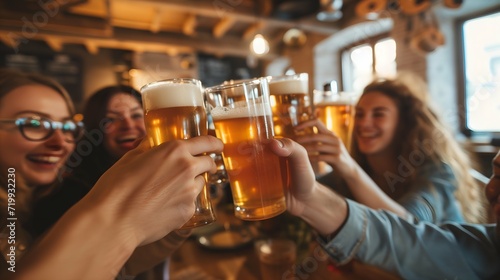 friends clinking glasses of beer and smiling at camera in pub or bar