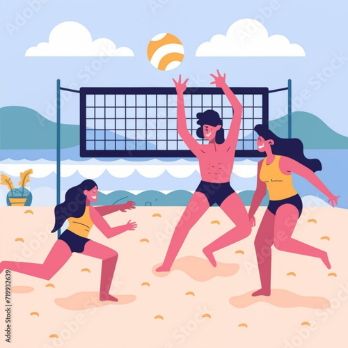 Boy and girl play volleyball in beach enjoy, playing