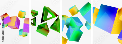Flying 3d shapes, cubes and other geometric elements background design for wallpaper, business card, cover, poster, banner, brochure, header, website
