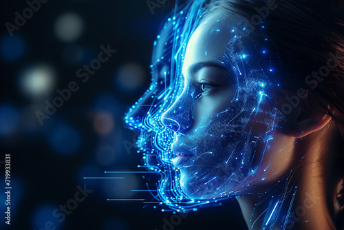 Portrait of a futuristic android woman with advanced technology data overlay #719933831