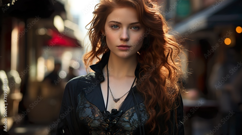 urban allure: red-haired beauty in black shirt and corset against city backdrop