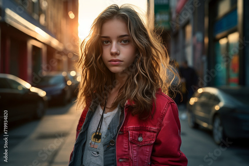 Capture the essence of a teenage girl's adventure on a cinematic street. Introduce dynamic framing, high contrast, and deep shadows to create a visually striking composition.