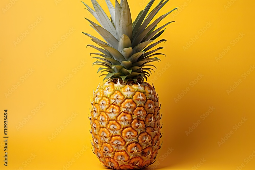Beautiful, sweet, fresh pineapple isolated on bright yellow background, Summer seasonal fruit design idea, copy space, Generative AI Beautiful, sweet, fresh pineapple isolated on bright yellow background, Summer seasonal fruit design idea, copy space, Generative AI