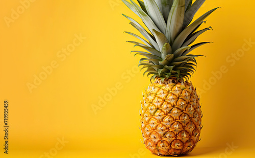 Beautiful  sweet  fresh pineapple isolated on bright yellow background  Summer seasonal fruit design idea  copy space  Generative AI