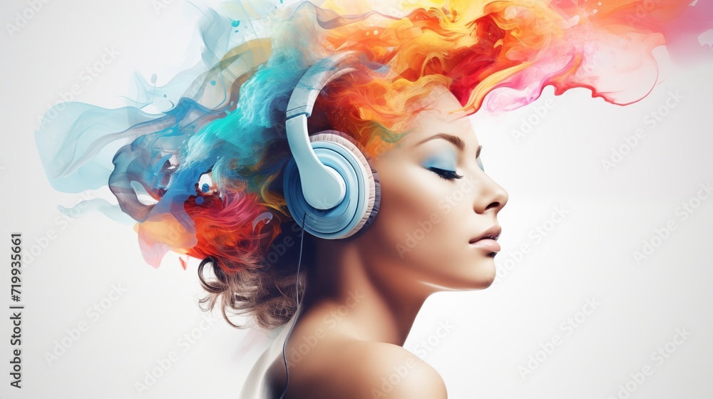 Young woman wearing headphones surrounded by vibrant, swirling multicolored smoke, expressing creativity and dynamic energy in a diverse and visually captivating environment.

