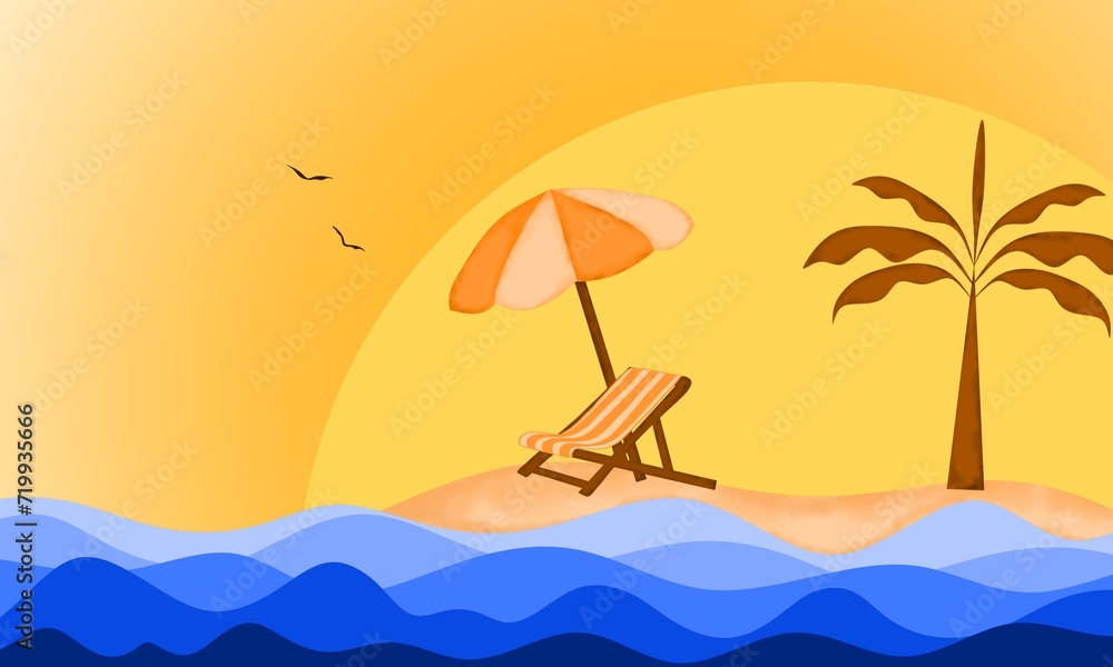 beach umbrella, beach chair, pile of sand, on island summer and holiday banner design background