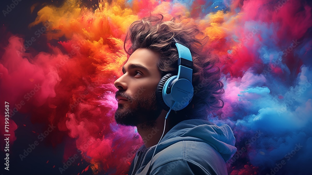 Vibrant illustration of a young man is portrayed wearing stylish music headphones, capturing the contemporary expression of immersive enjoyment in the world of music. Vibrant illustration of a young man is portrayed wearing stylish music headphones, capturing the contemporary expression of immersive enjoyment in the world of music.