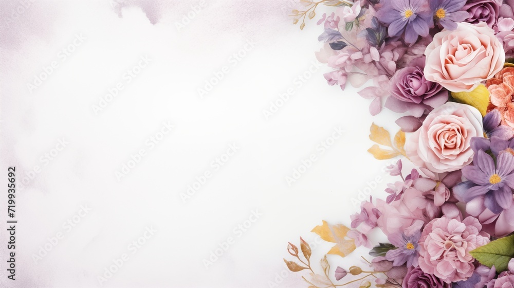 Depiction featuring flowers arranged in a frame on a paper background, showcasing a harmonious composition of natural beauty and artistic elegance. Depiction featuring flowers arranged in a frame on a paper background, showcasing a harmonious composition of natural beauty and artistic elegance.