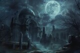 A dark and moody gothic art piece depicting an ancient observatory under a full moon, with a mysterious aura