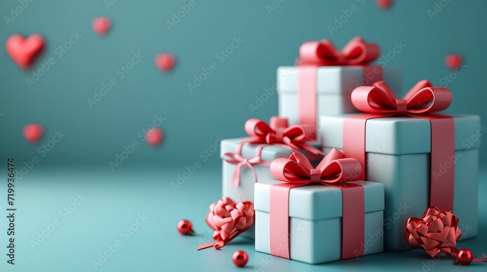 Various gift box kept with ribbon and red heart in light green backdrop with a big empty space, Generative AI.