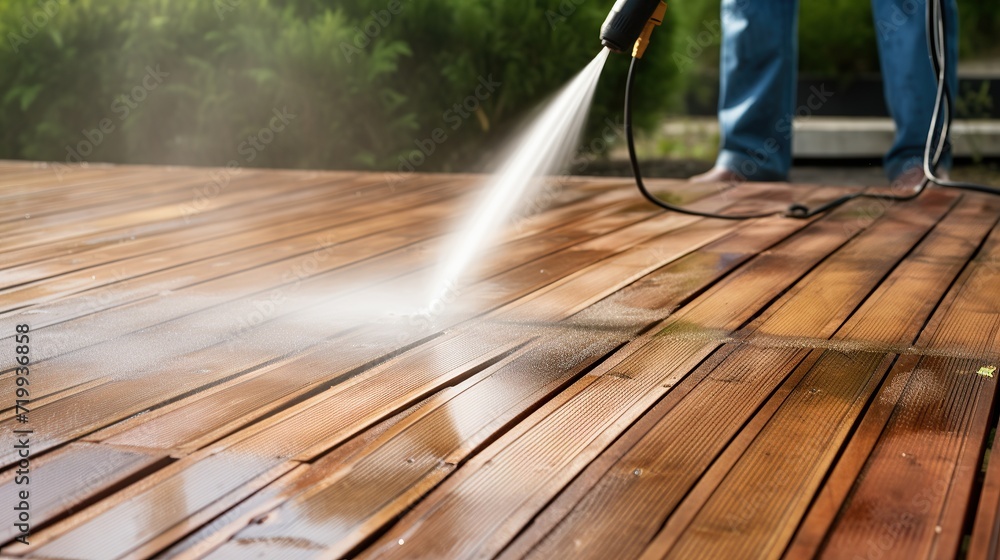 Obraz premium power washer - high water pressure cleaner on wooden patio surfaces