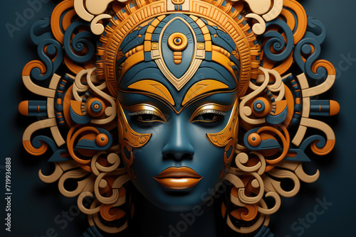 Beautiful Spirit African Woman Wooden Mask on the Wall extreme closeup. Generative AI.