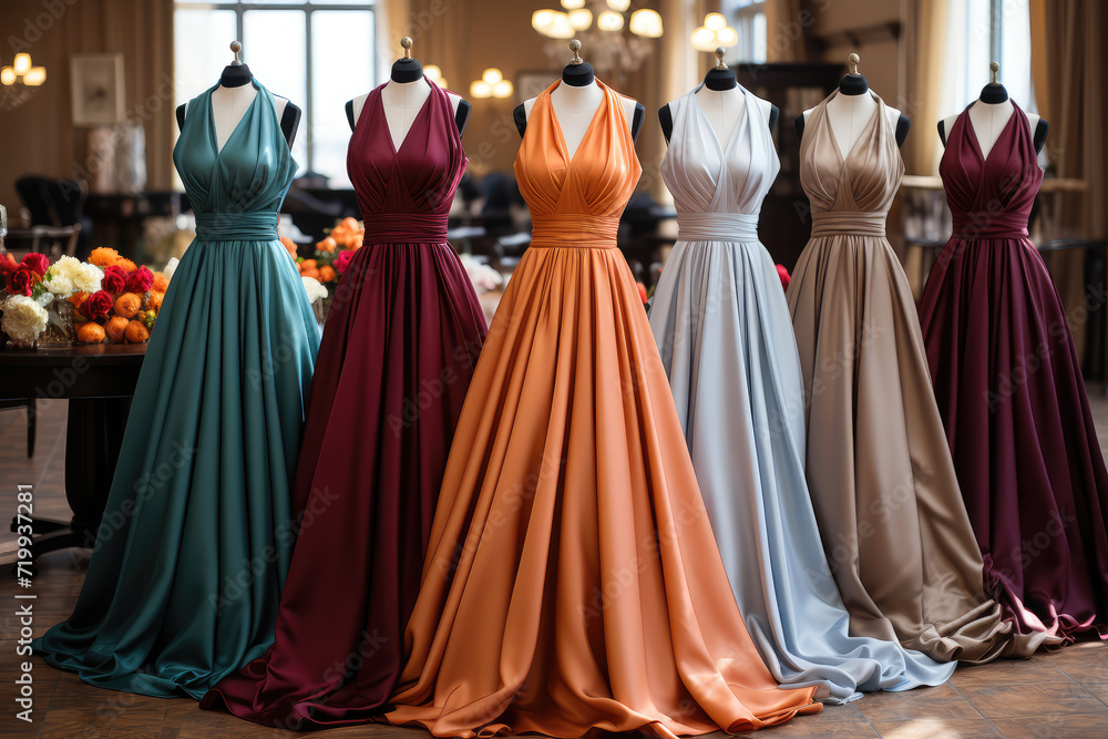 Row of Beautiful Luxury Colorful Dresses on Hangers in a Showroom extreme closeup. Generative AI. Row of Beautiful Luxury Colorful Dresses on Hangers in a Showroom extreme closeup. Generative AI.